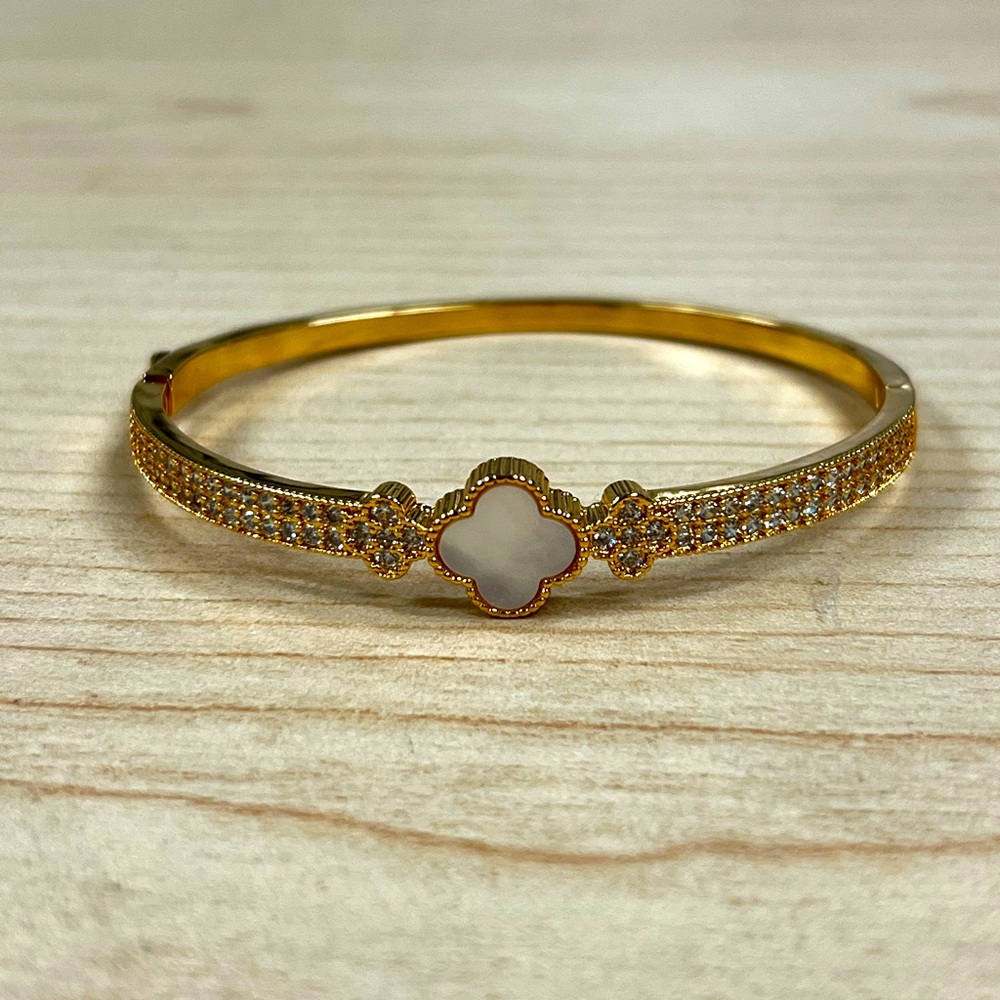 Gold Crystal Pearl Clover Bangle Bracelet